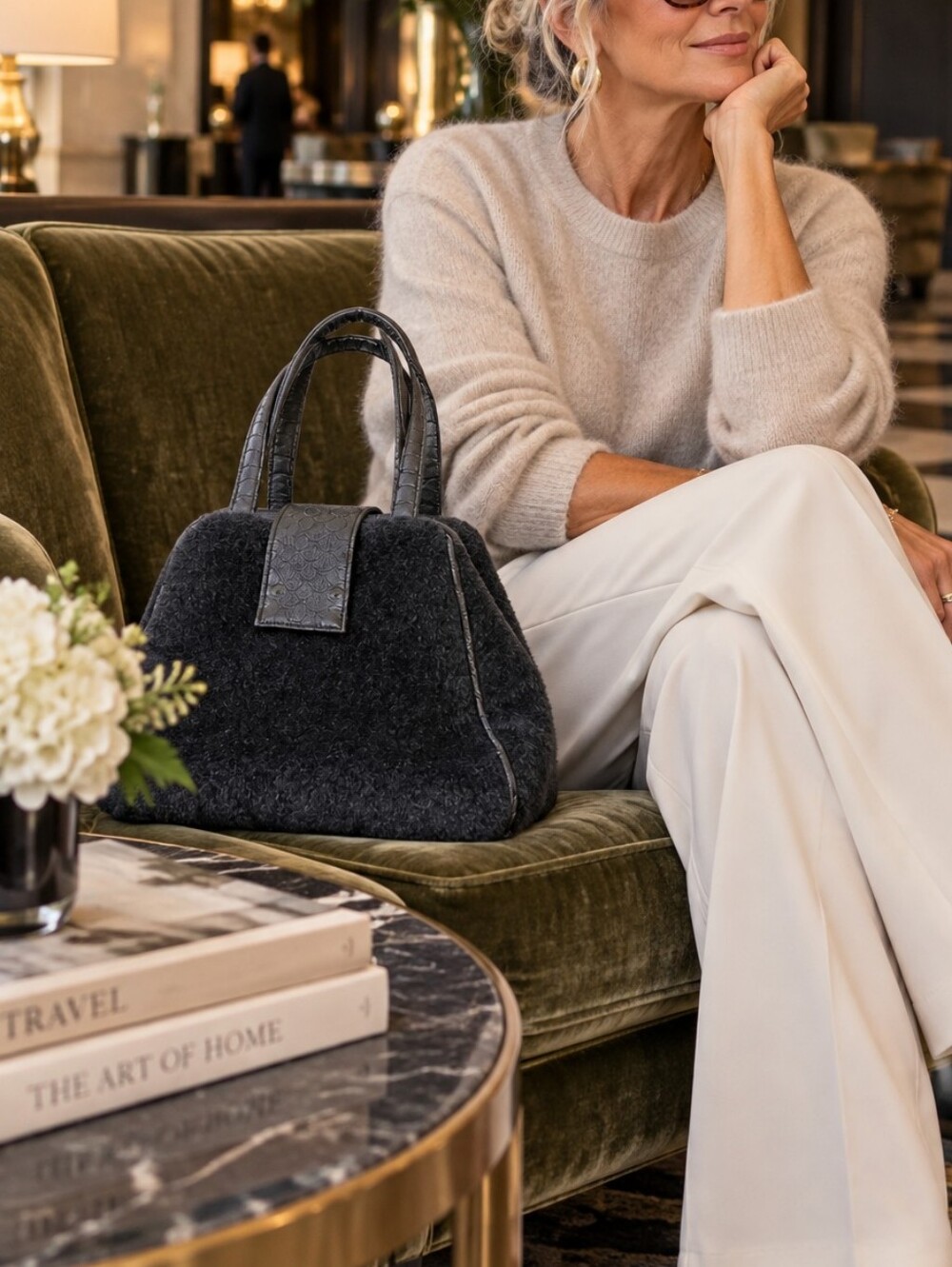 Bosom buddy bags fabric/ leather charcoal bowler / shoulder bag